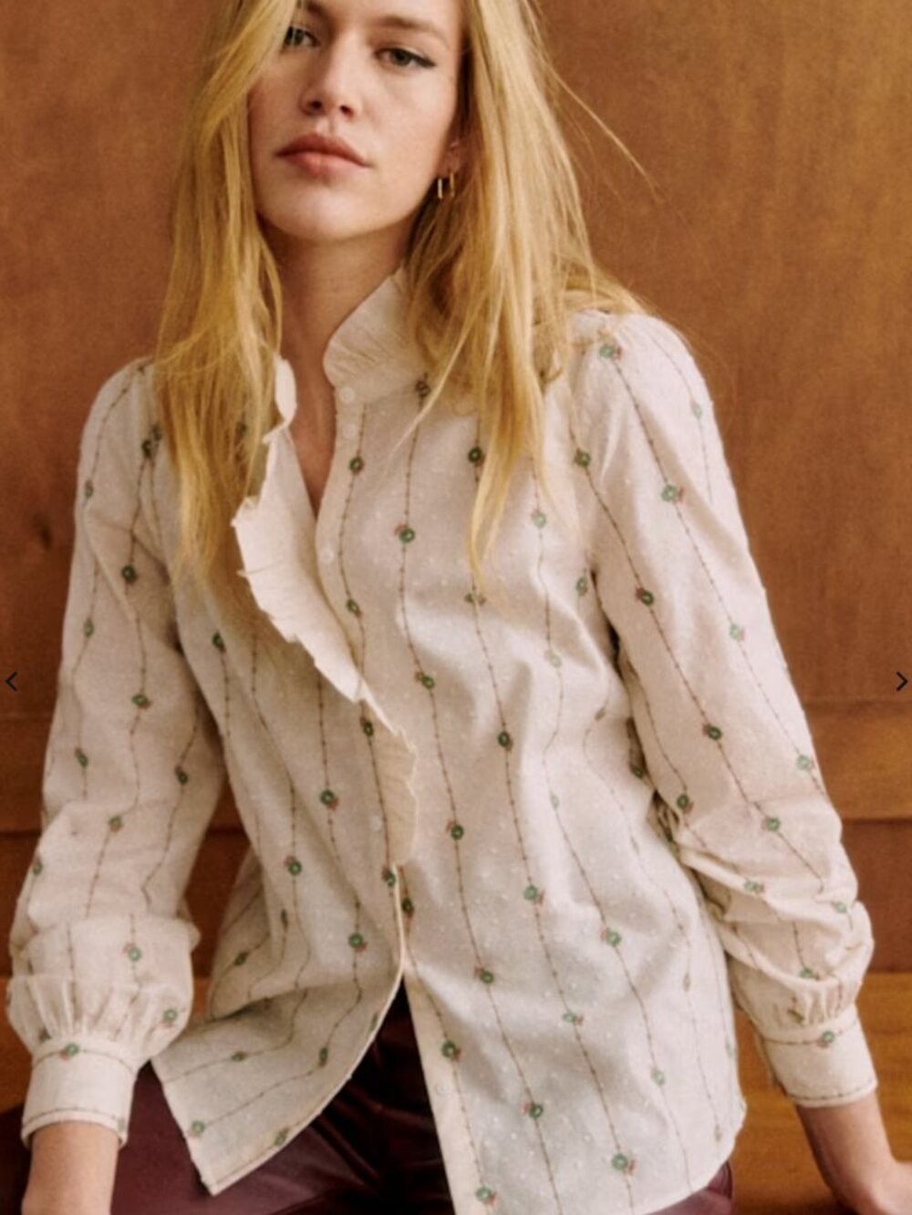 NWT Sézane Chlo Shirt Sage Camel Embroidered Ecru Cotton US 6 / FR 38 - Picture 2 of 10